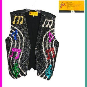 JC Vintage Sequin Black Music Note Beaded Black Unisex Vest Sz M